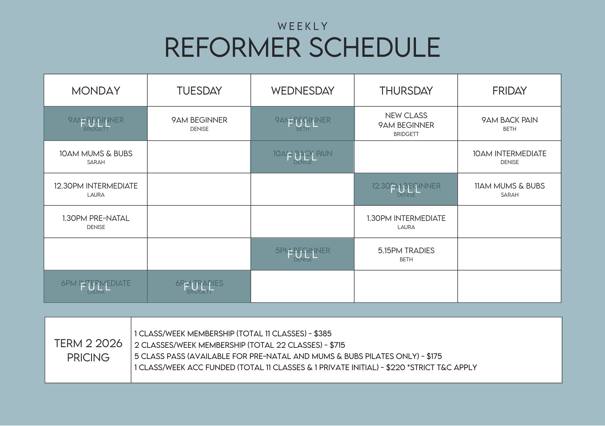 Reformer pilates timetable Alpine Physio
